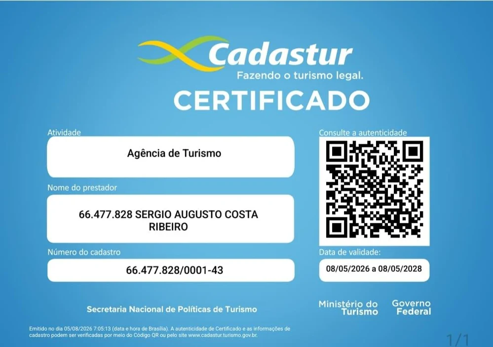 Certificado Cadastur da Ribeiro Rodrigues Turismo
