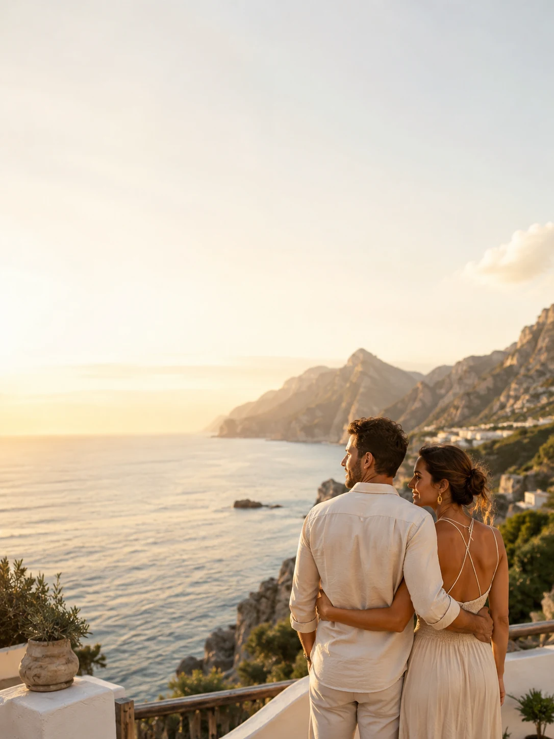 Casal contemplando o mar ao pôr do sol