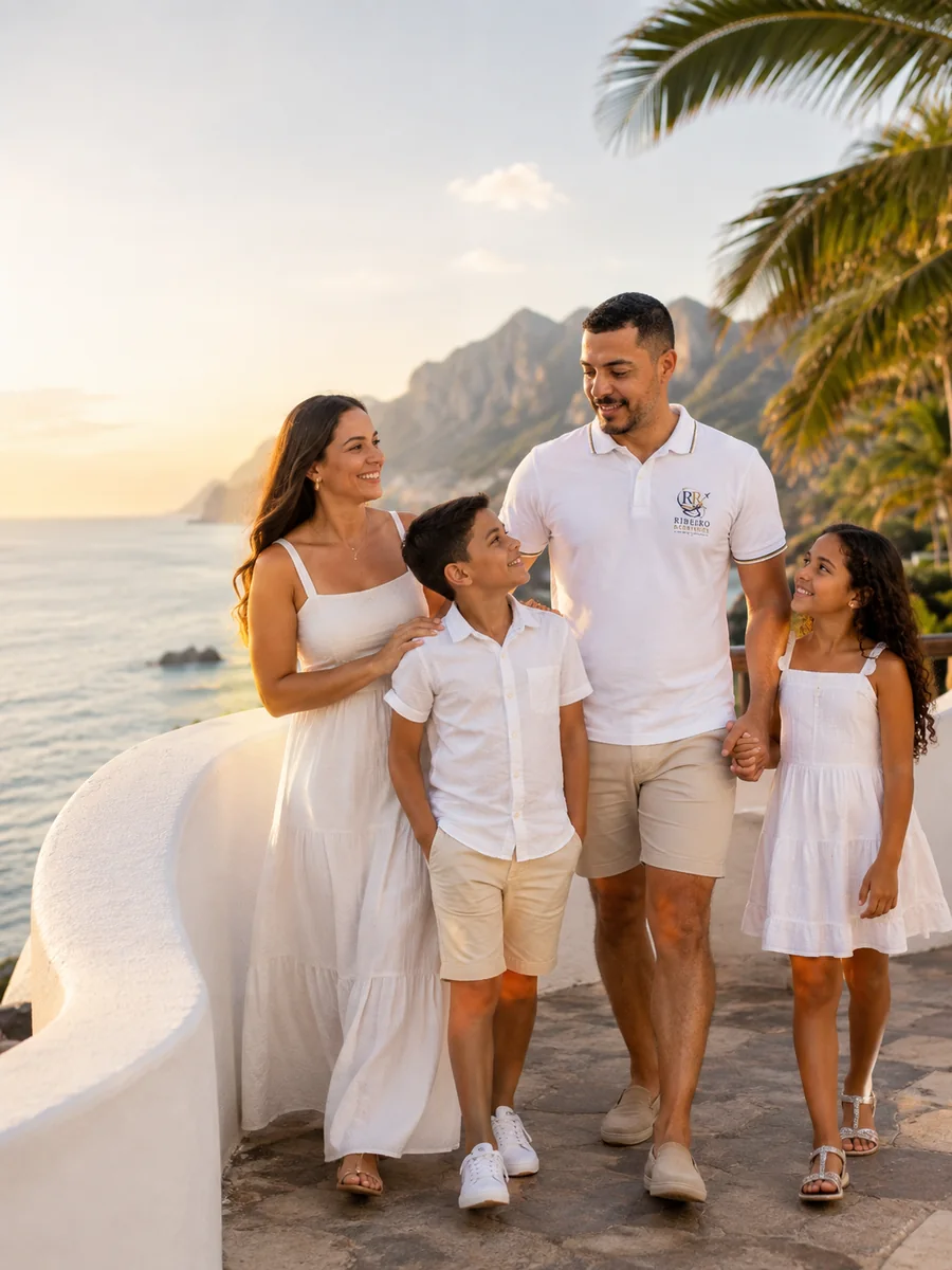 Família viajando junta em destino litorâneo